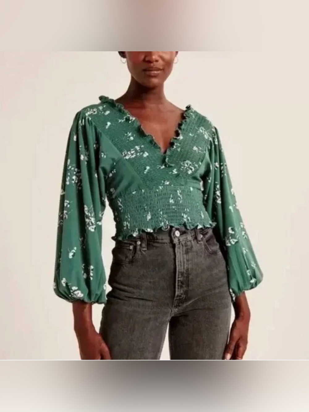 Abercrombie & Fitch Green Floral Smocked V-Neck Blouse Size Small